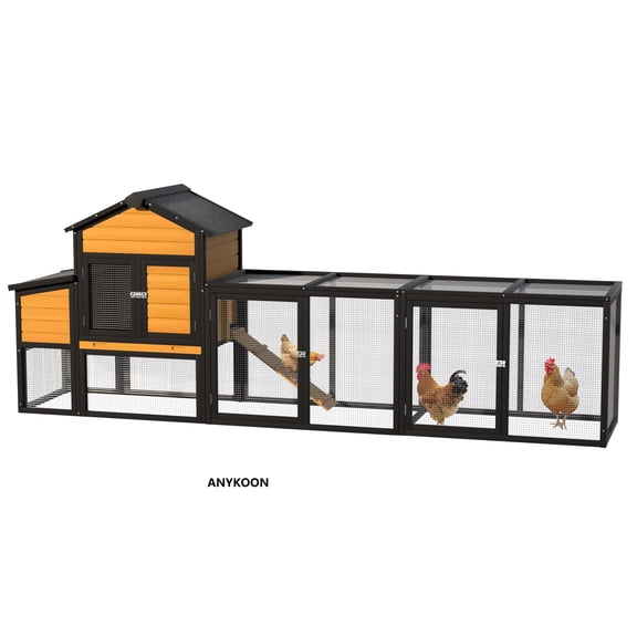 ANYKOON Outdoor Poultry House for 2 – 4 Chickens, Wooden Chicken Coop with Run, 7 Doors, Pull-Out Tray, Nesting Box & Ramp , Expandable Design