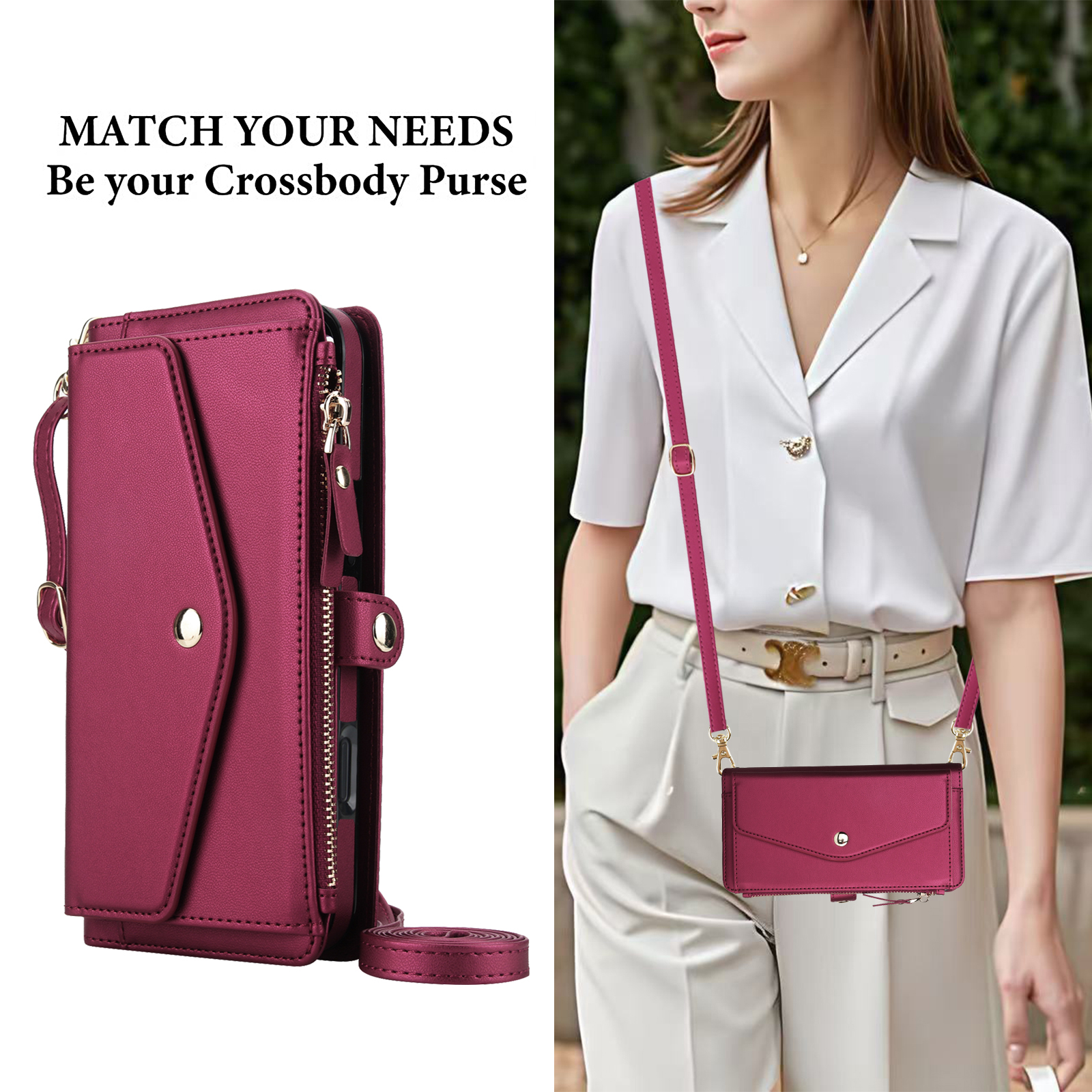Designed for iPhone 15 Pro Multi-Function Wallet Phone Case,With Shoulder Strap&Wrist Strap,Cash Pocket&Card Slots,Zipper Purse,Magnetic Detachable PU Leather Flip Phone Case,Red