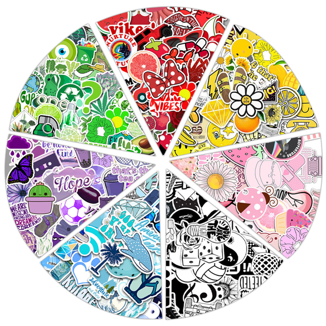 50 pegatinas pequeñas y coloridas para equipaje, con diseño de grafiti resistente al agua, en amarillo, azul y rosa