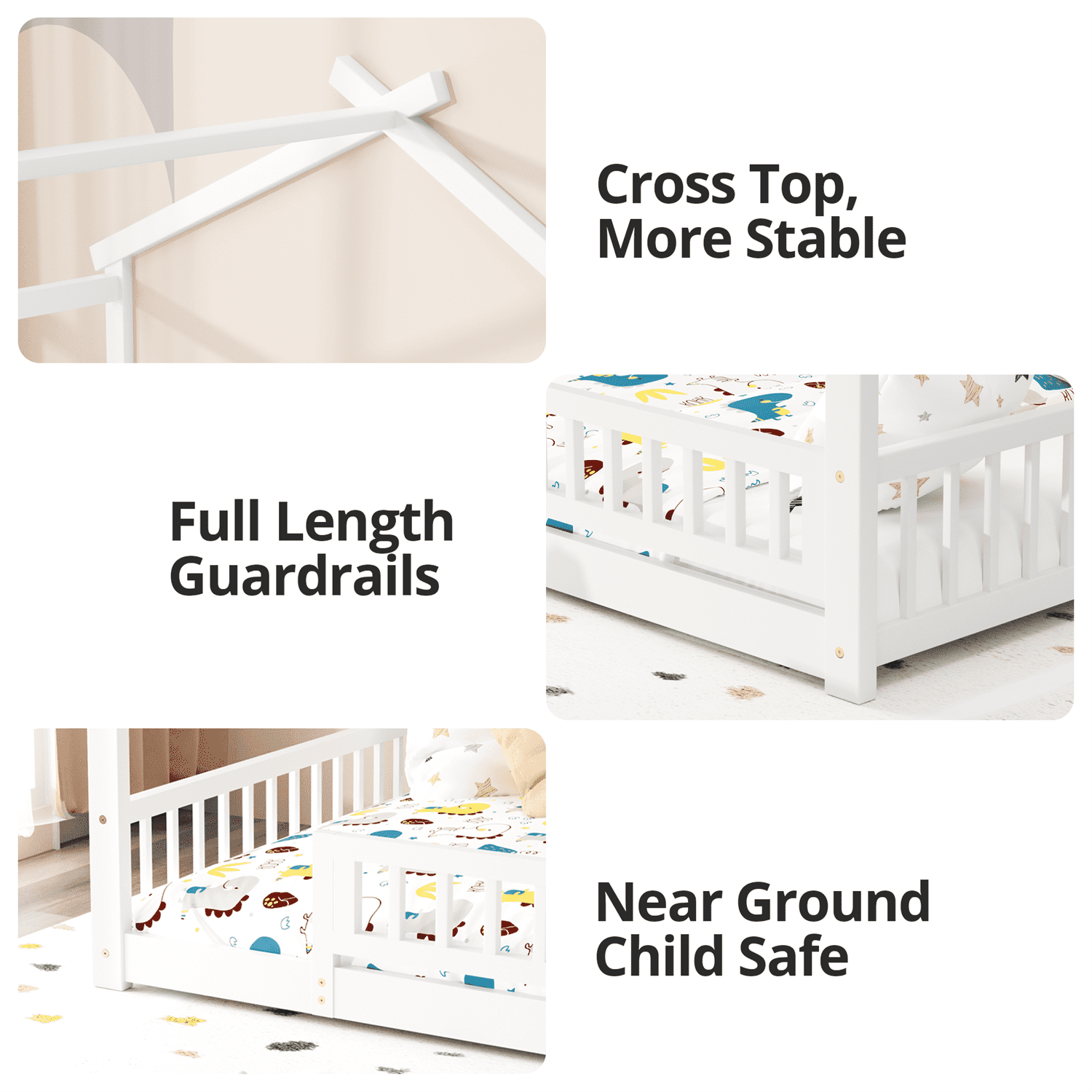 Twin Size House Floor Bed with Roof, Wooden Montessori Floor Bed Frame with Safety Fence and Wooden Slats, Montessori House Floor Bed for Boys and Girls, White