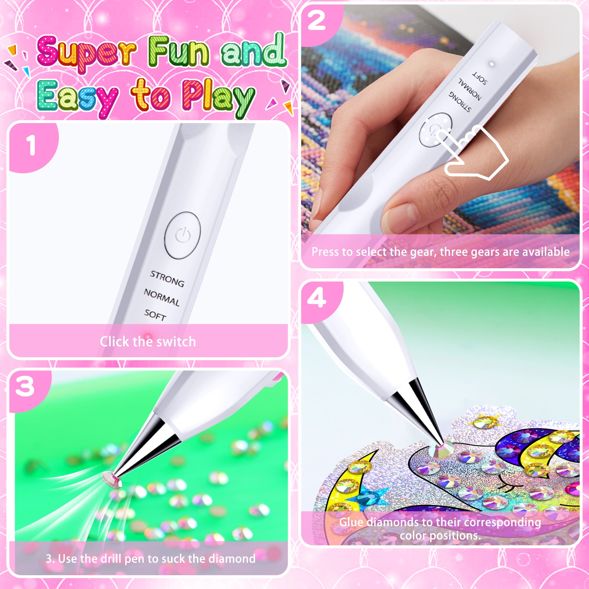 Diamond Painting Pen with Vacuum Pump, No Wax Needed, Lightweight Design, 3 Adjustable Suction Mode & Rechargeable, DIY Diamond Art Accessories and Tools(White)