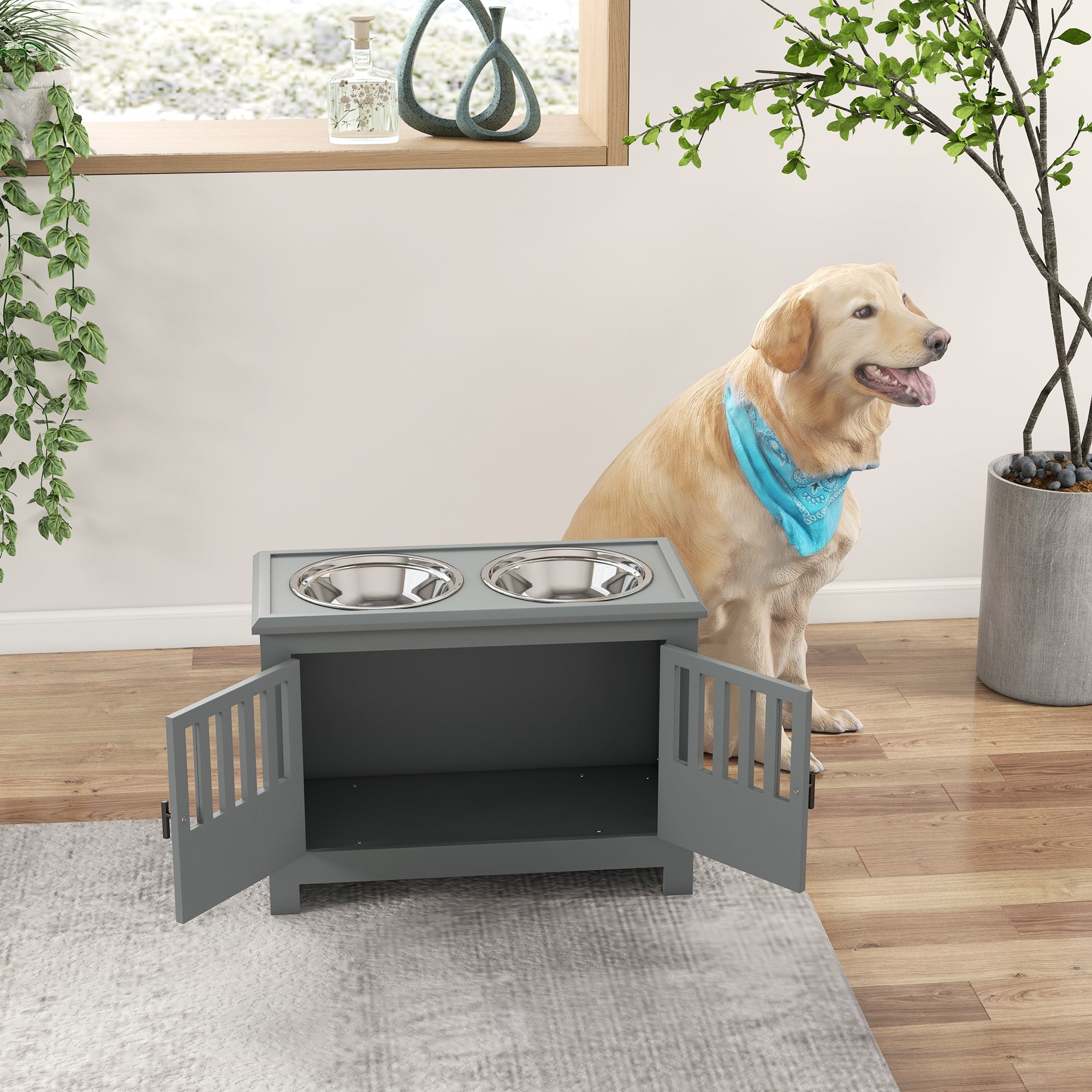 Large Elevated Dog Bowls with Storage Cabinet Containing Large 37L Capacity, Raised Dog Bowl Stand Pet Food Bowl Dog Feeding Station, Gray