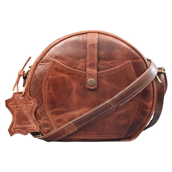Madosh, Buffalo Leather Women's Round Bag Shoulder Crossbody Purse Side Brown Sling Handmade