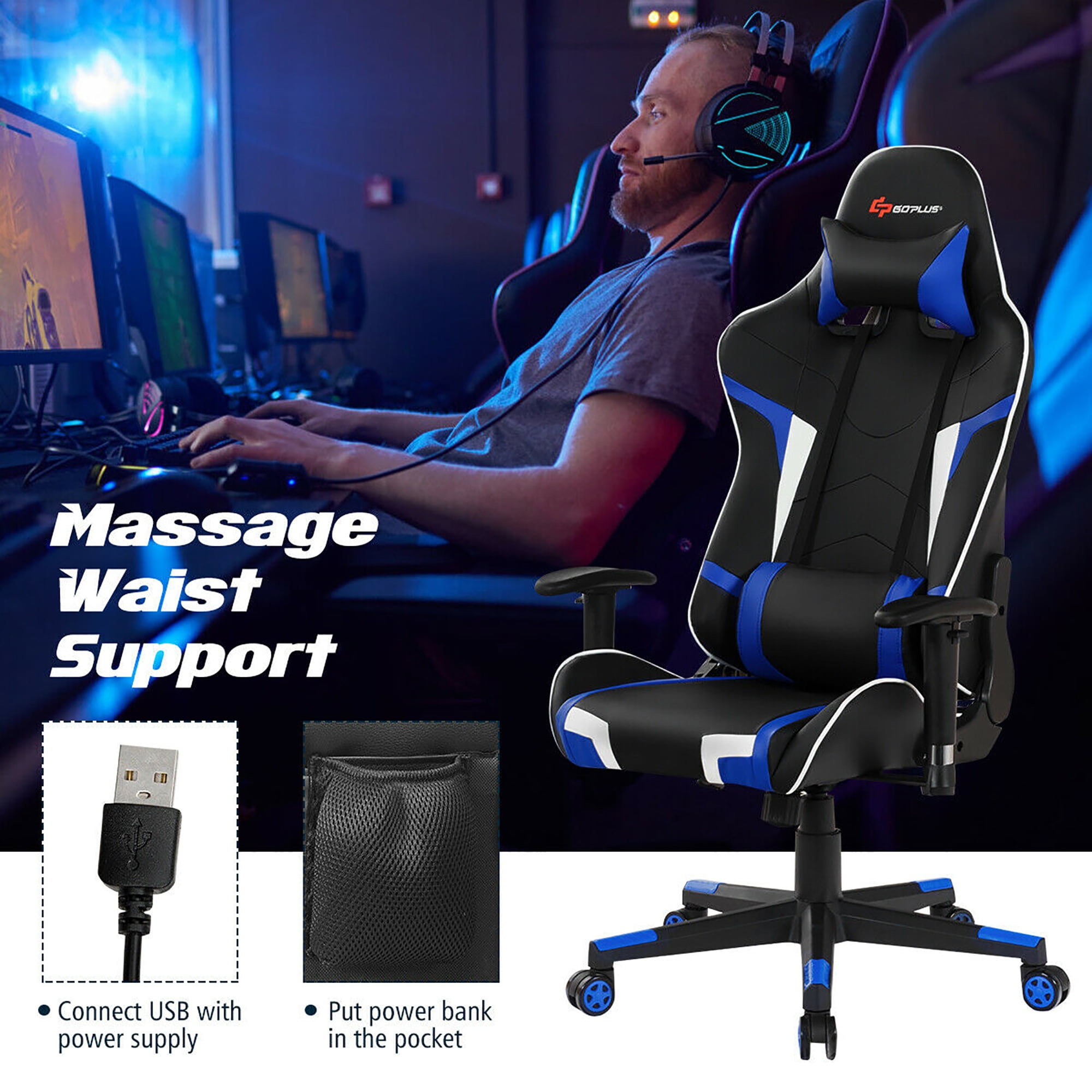 Goplus Massage Gaming Chair Racing Computer Swivel Chair with Headrest & Lumbar Support Blue