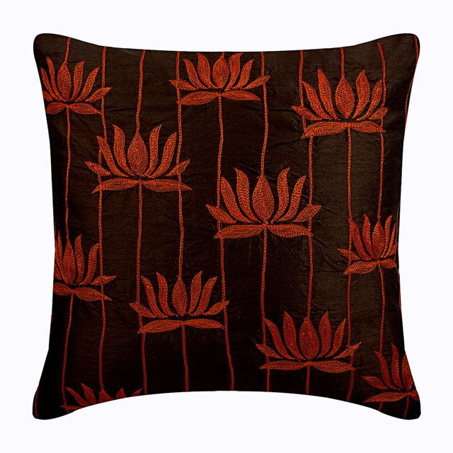 Pillow Case With Zipper, Brown 14x14 inch (35x35 cm) Lotus Embroidered Decorative Pillow Covers Throw Pillow Cover For Couch, Contemporary Style, Floral Pattern - Red Lotuses