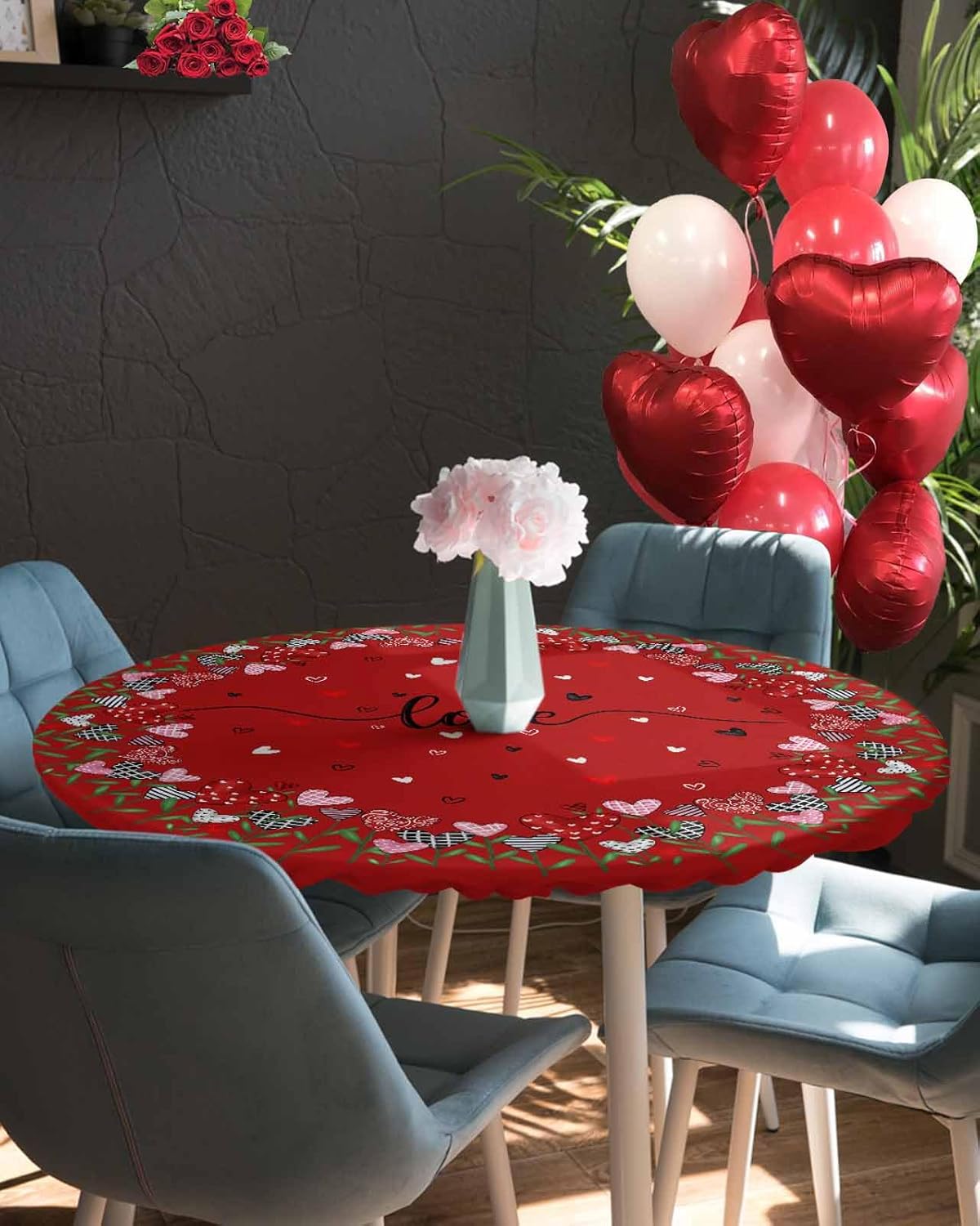 Valentine''s Day Round Fitted Tablecloth Elastic Edged Table Cover,Love Heart on Red Waterproof Wipeable Table Cloths for Kitchen Dining Party Fit up 45-52in Tables,Romantic Hearts Leaves