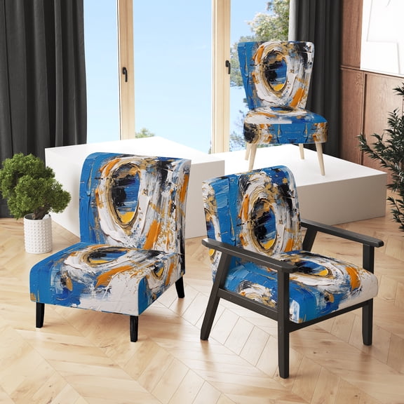 Designart "Symmetrical Meets Blue Grey Elegance" Blue Cubism Upholstered Accent Chair - Modern Arm Chair For Bedroom