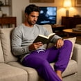 thumbnail image 4 of Men's Solid Color Pajama Pants with Pockets & Drawstring - Cuffed Jogger Sleep Bottoms for Men, Elastic Waist Soft Lightweight Lounge Homewear Purple M, 4 of 7