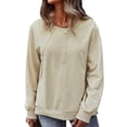 thumbnail image 3 of TWZH Women Buttons Decor Crew Neck Solid Patchwork Sweatshirt Top, 3 of 7
