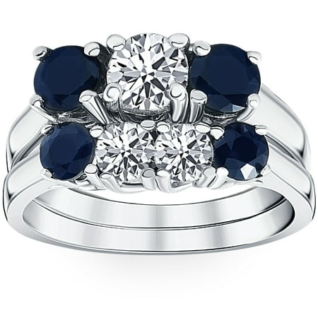 Pompeii 2 3/4ct Treated Blue Sapphire & Diamond Three Stone Ring Set 14K White Gold
