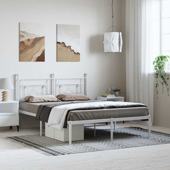 vidaXL Queen Metal Bed Frame with Headboard, Under Bed Storage, Noise Free, White, No Mattress