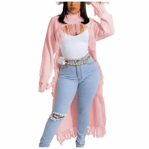 ICHUANYI Women's Fashion Casual Open Front Long Cardigan Sweaters Oversized Solid Long Sleeve Knit Chunky Tassel Outwear 2023 Fall Coats