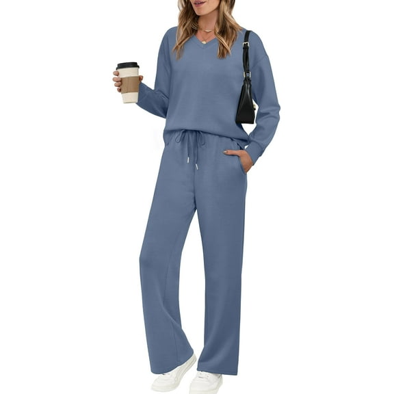 Lounge Sets for Women 2025 V Neck 2 Piece Outfits Airport Wide Leg Pants Matching Set Sweatsuits
