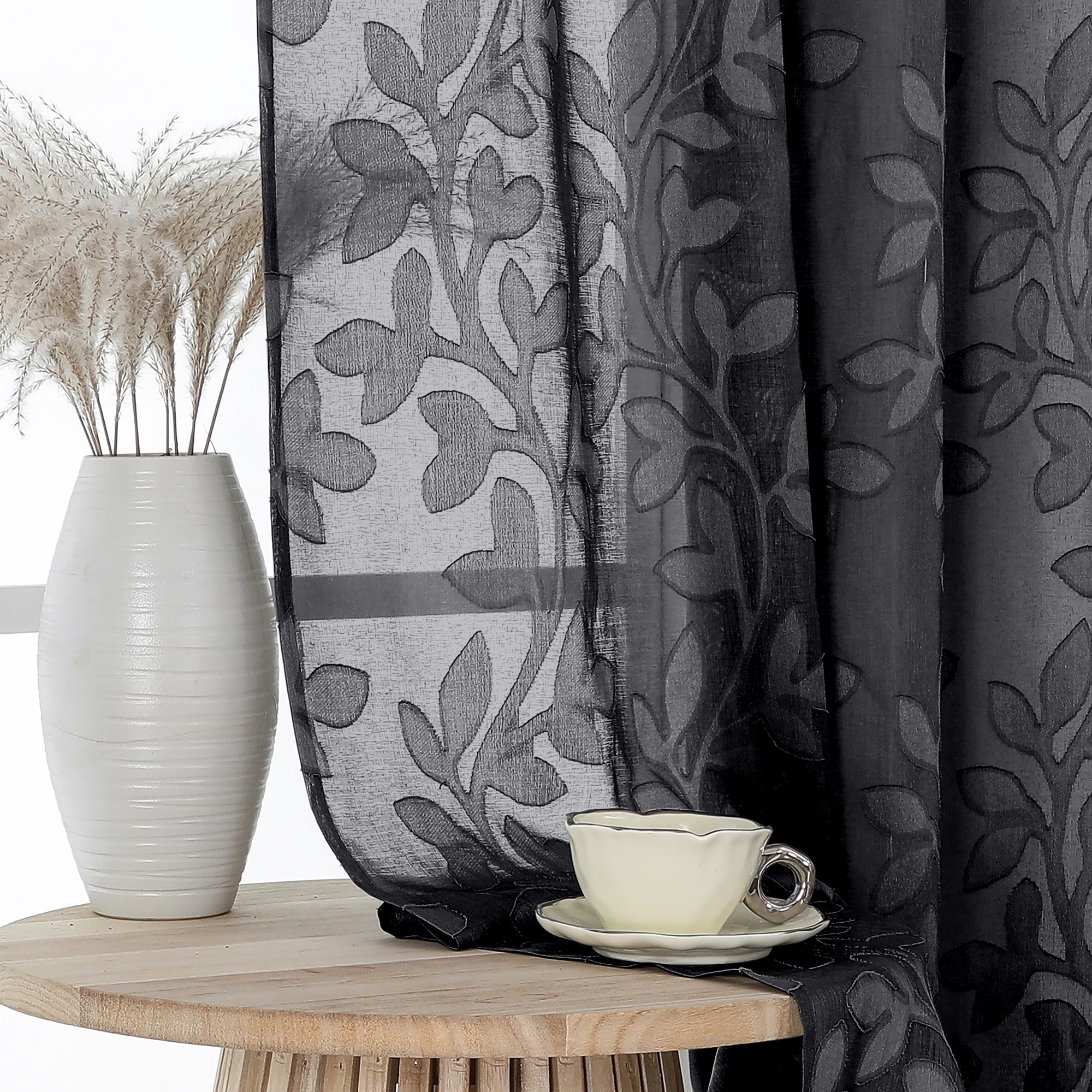OVZME Darla Sheer Black Curtains 63 Inch Length 2 Panels Set, Light Filtering Breathable Textured Jacquard Curtains, Window Curtains for Living Room with Rod Pocket, Each 42Wx63L Inch