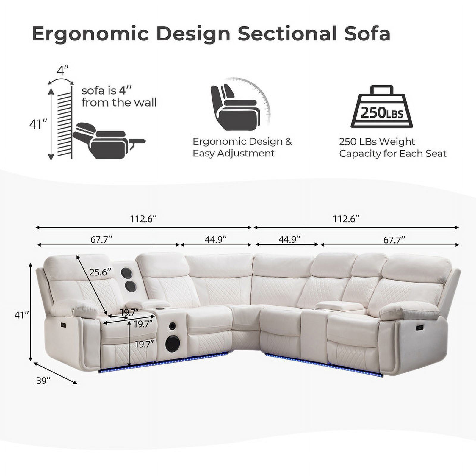 Comfort Stretch 5 Seats Power Recliner Sofa Sets with Speaker,White Faux Leather Reclining Sectional Couch for Living Room Furniture Sets with USB Port,Storage Console Cup Holders,LED Lights