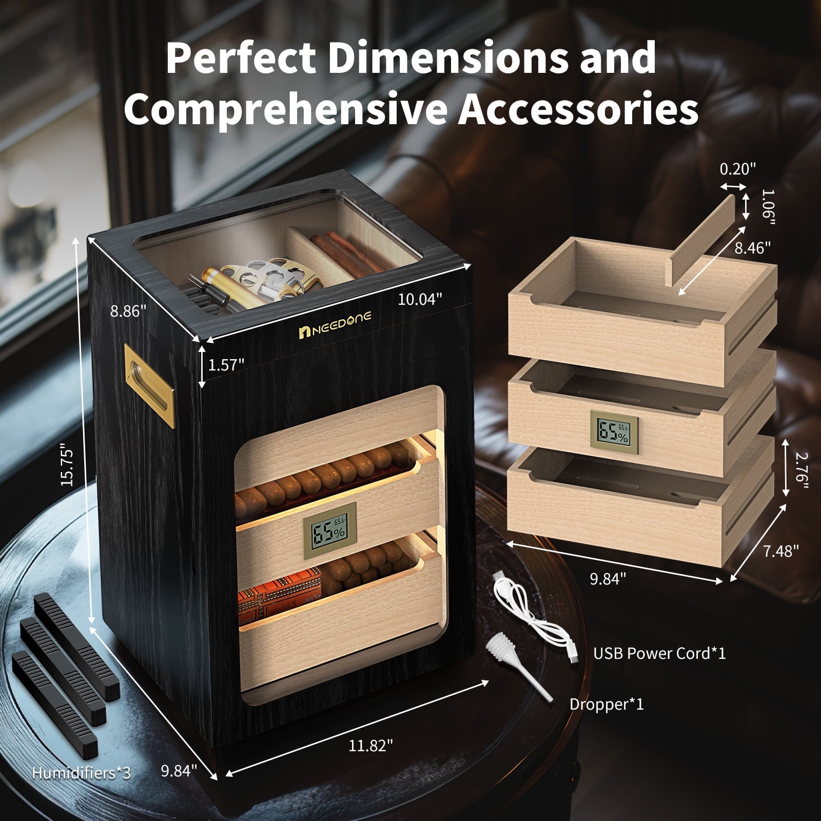 NEEDONE Cigar Humidor, Glass Top Drawer & LED Lighting,3 Humidifiers,Cedar Wood Shelves,Desktop Humidor Box Case Cabinet can Hold 150 Cigars,Gift for Men