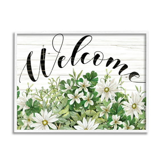 Stupell Industries Welcome Rustic Planked Sign White Flower Blossoms Graphic Art White Framed Art Print Wall Art, Design by Cindy Jacobs