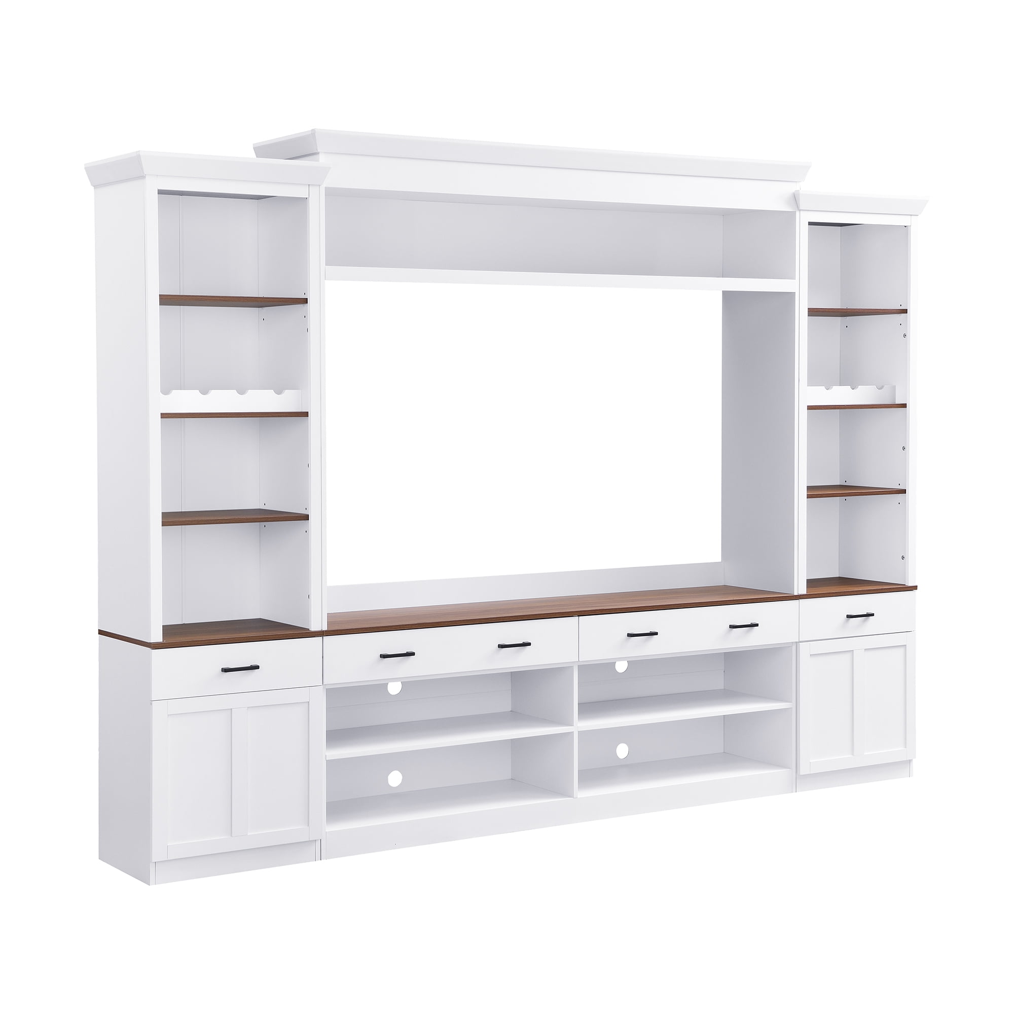Euroco Mid-Century Large Media Console with Wine Rack for Living Room，Farmhouse 4-Piece Entertainment Wall Unit Set with Bookshelf for TVs Up to 70", Walnut TV Stand with Adjustable Shelves