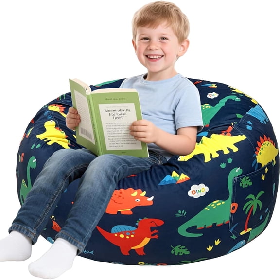 Dinosaur Bean Bag Chair for Kids and Teens, Memory Foam Filled Floor Lounger, Washable Velvet Cover with Inner Liner, Beanbag Chair with Filling for Gaming and Reading, Large 27" D x 16" H