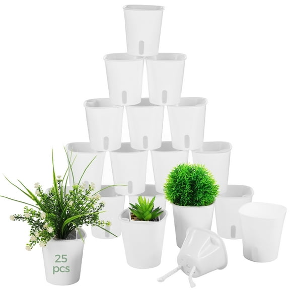 25 Pcs Self-Watering Pots for Indoor Plants, Small 3 Inch Self-Watering Planters with Cotton Rope, White Creative Plastic Flower Pots for Succulents, Herb Garden, Greenery