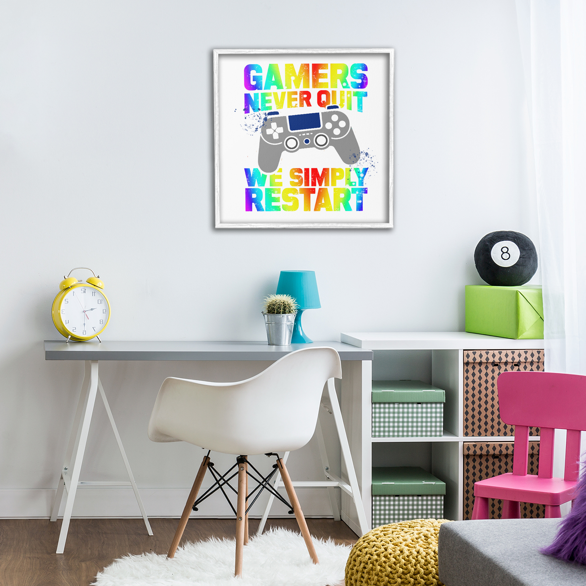 Rainbow Gamers Never Quit White Framed Giclee Art, design by Kim Allen