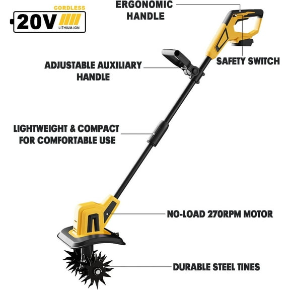 Cordless Garden Tiller Cultivator Compatible with Dewalt 20V MAX Battery, 270 RPM Electric Rototiller, 48 Steel Tines, 8.7" Tilling Width, 6.3" Depth, Rotary Tiller for Lawn/Gardening/Soil(Tool Only)