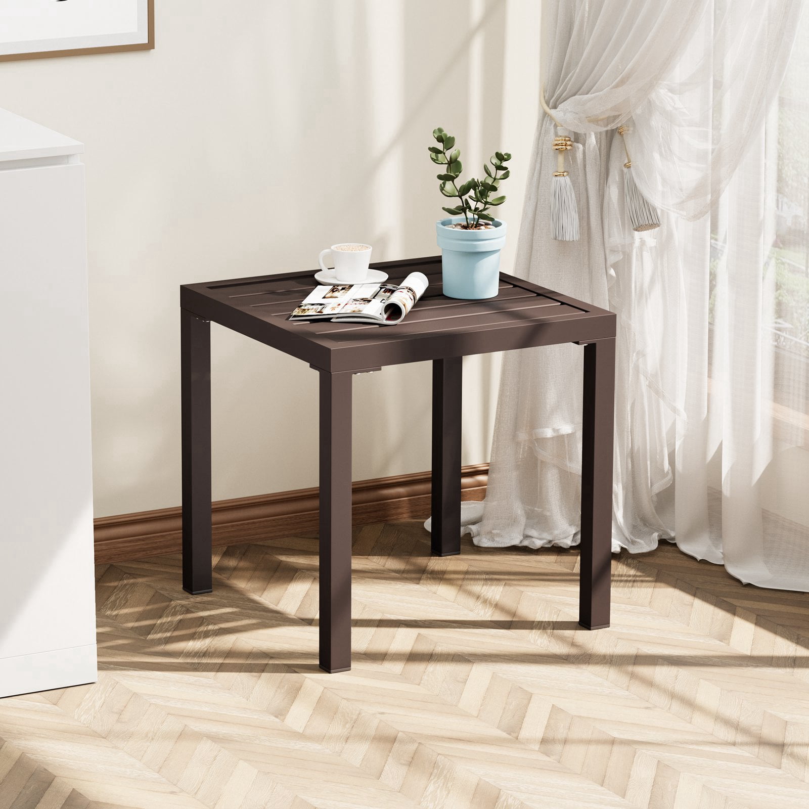 Pellebant 16" Outdoor Side Table, All-Weather Square Metal Patio End Table for Garden, Porch, Deck, Backyard, Brown