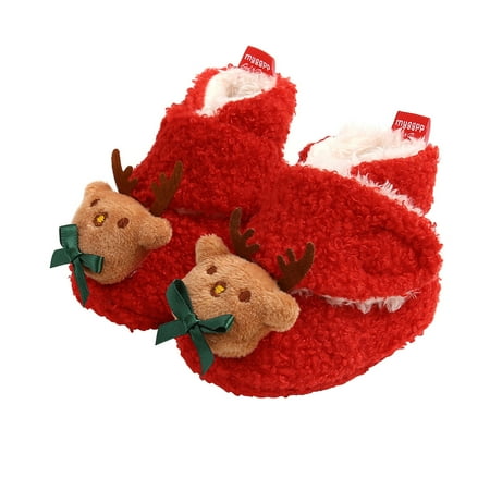 

DNDKILG Baby Toddler Girl Boy Soft Sole Non-Slip Slippers First Walkers Shoes Newborn Infant Christmas Winter Fleece Booties Red 0-18M