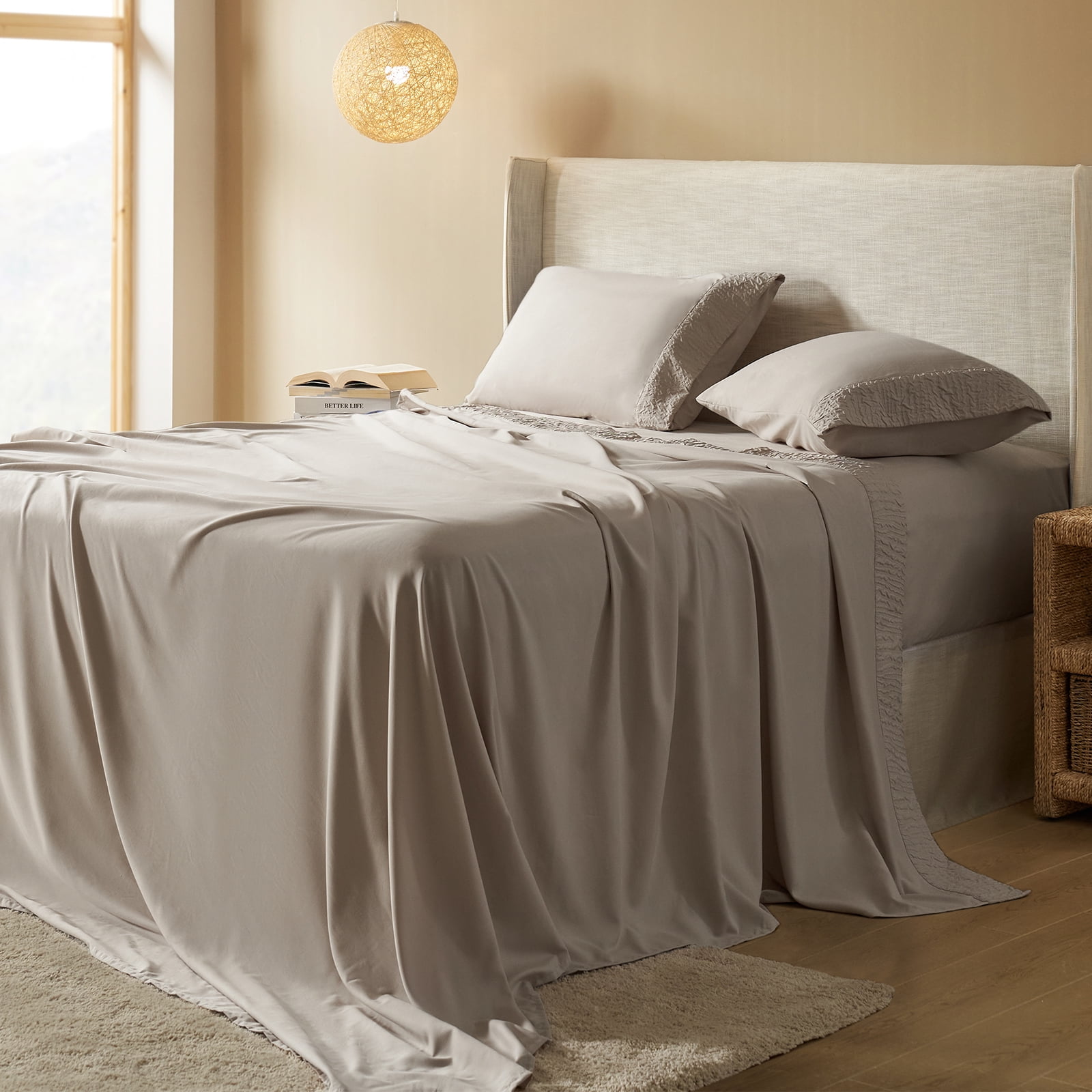 4 Pcs Cooling Bed Sheets Set with 16" Deep Pocket, Luxury Soft Queen Sheets, Ivory