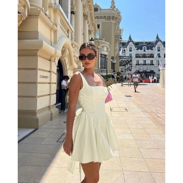 Mingmingxi-Vestido corto de algodón con espalda descubierta para mujer, minivestido Sexy blanco con lazo grande, informal, para vacaciones de cumpleaños, recién llegados