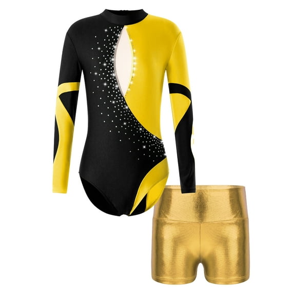 renvena Kids Girls Long Sleeve Gymnastic Leotard Ballet Dance Bodysuit Top with Metallic Shorts Dancewear