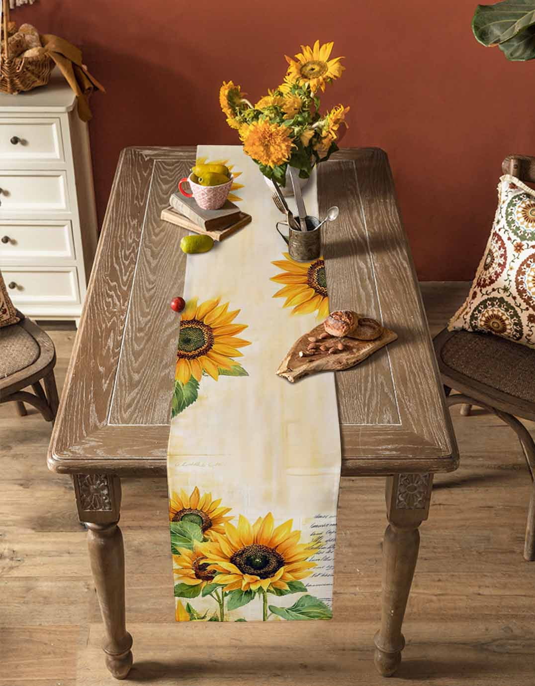 nqOlkjepod Botanical Sunflowers Table Runner 70 Inches Long Farmhouse Dress Scarves, Farmhouse Watercolor Flowers Leaves Dining Tablerunner for Coffee Table/Kitchen Island/Party Décor, 13" x 70"
