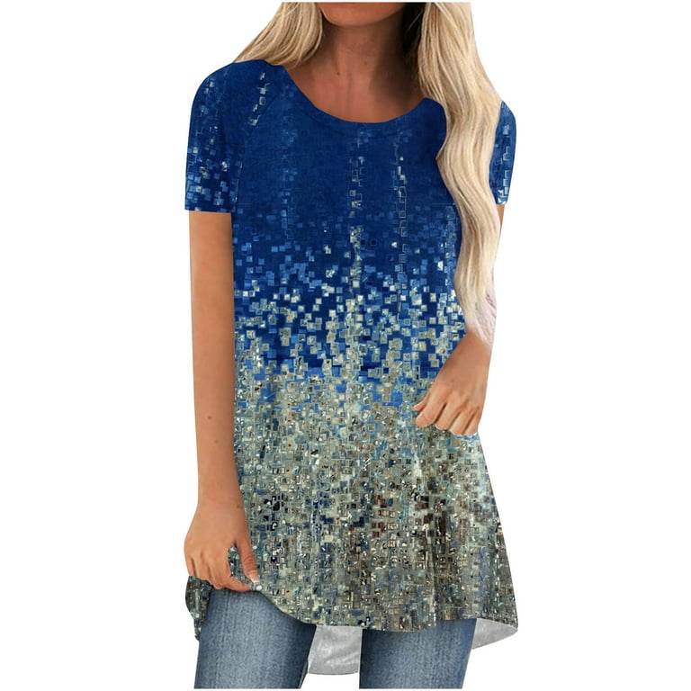 ZQGJB Womens Tunic Tops to Wear with Leggings Summer Short Sleeve Casual  Floral Printed Crewneck T-Shirts Loose Flowy Blouse Lightweight Pullover  Top Blue XL 