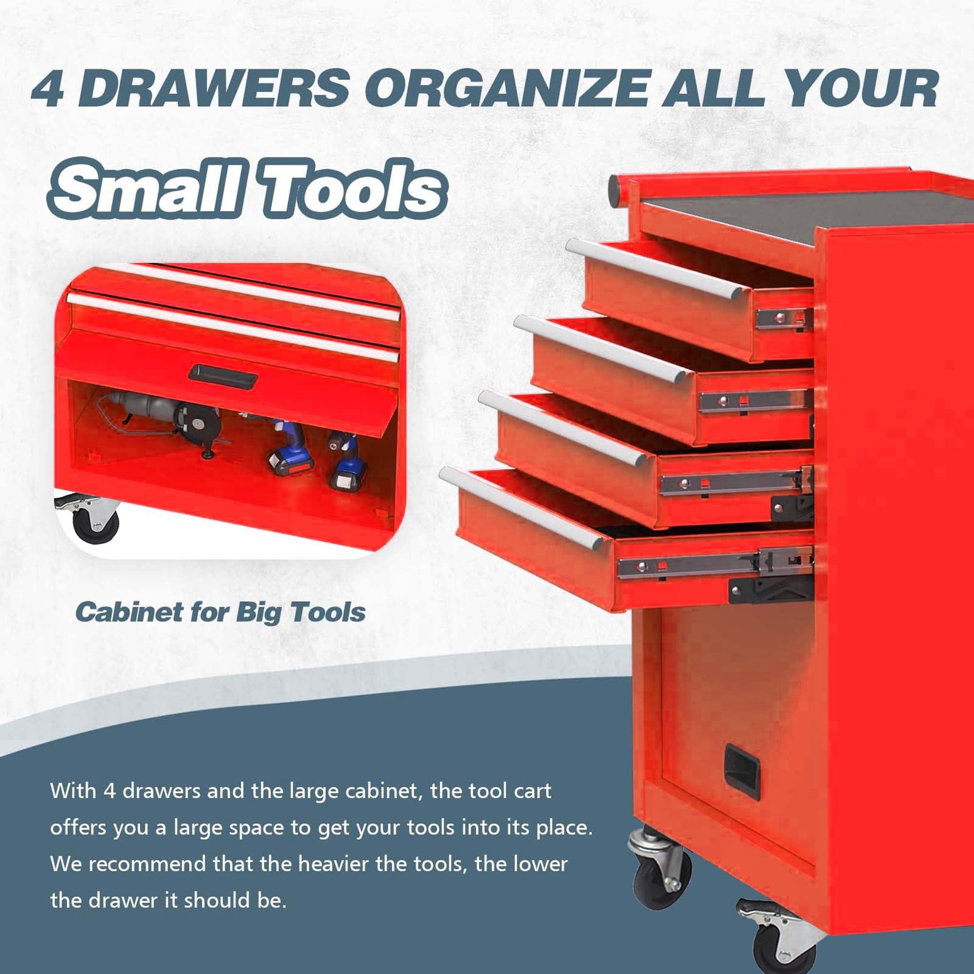 Aukfa Tool Box, 24.5 in Steel Rolling Tool Chest&Cabinet On Wheels for Garage, 4-Drawer, Red