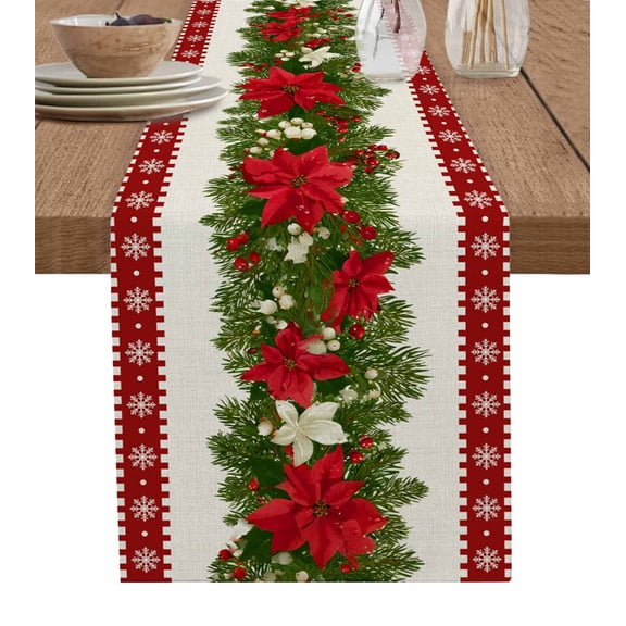 Christmas Poinsettia Table Runner 36 Inches, Red Green Botanical Xmas Snowflake Bed Runner Dresser Scarves Tabletop for Indoor Outdoor Parties/Ceremony/Banquet, 13"x 36"