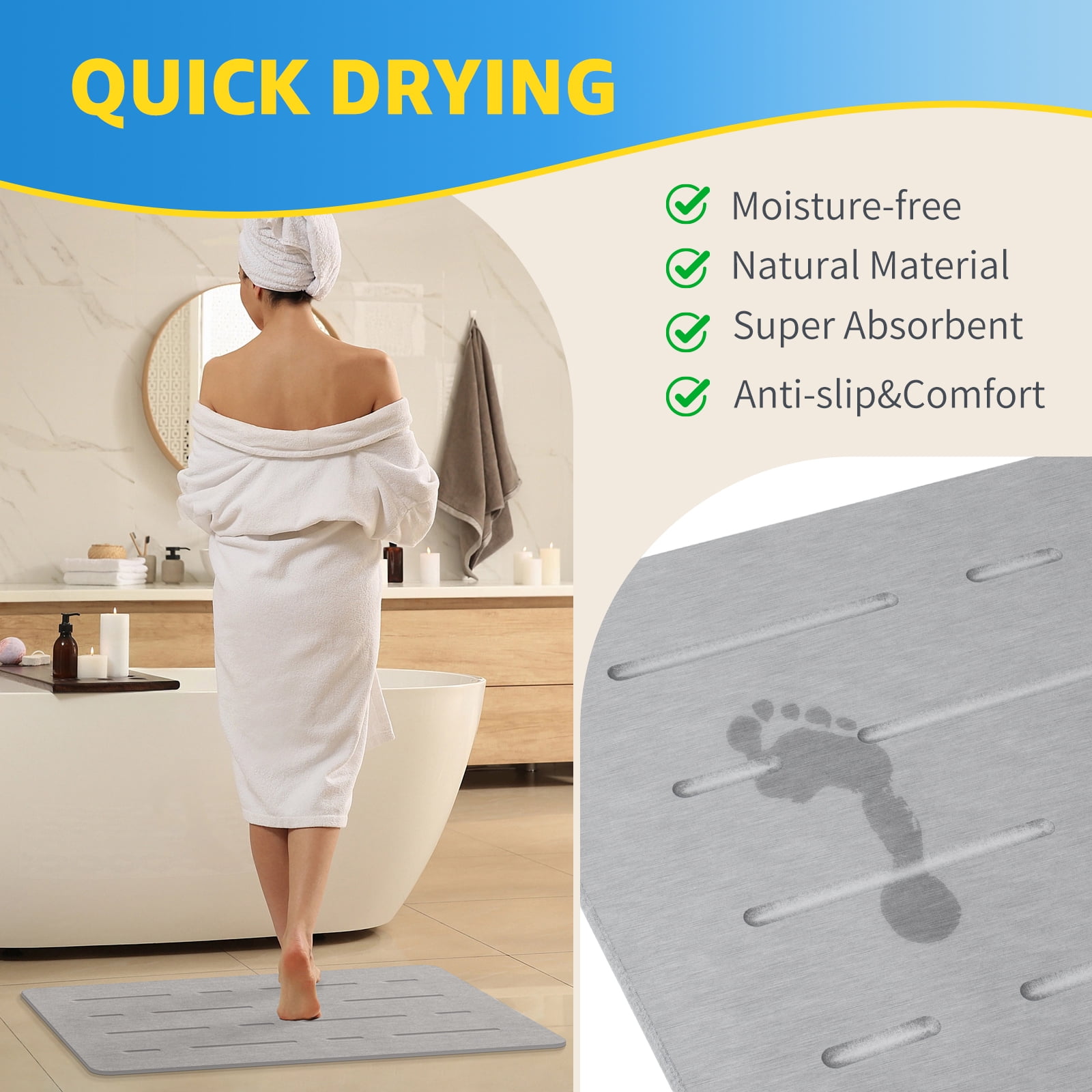 OTHWAY Large Stone Bath Mat, 32"x 20" Diatomaceous Earth Bath Mat for Bathroom, Quick Drying Long Bath Mat Stone Absorbing, Non-Slip Diatomite Hard Stone Shower Mat Instant Dry(Light Grey)
