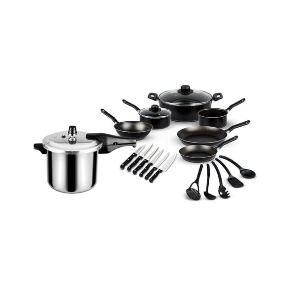 Set de Olla express Ekco 20 Piezas Olla express de 6 litros Sartenes 20 y 24 cm Budinera 24 cm Cazos de 16 y 18 cm Wok de 20 cm Tapas de vidrio de 24 y 18 cm Utensilios de nylon Cuchillos de cocina