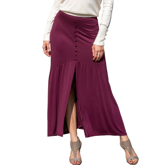 Doublju Women's Maxi Skirt with Button Front Slit Detail (Plus Size Available)