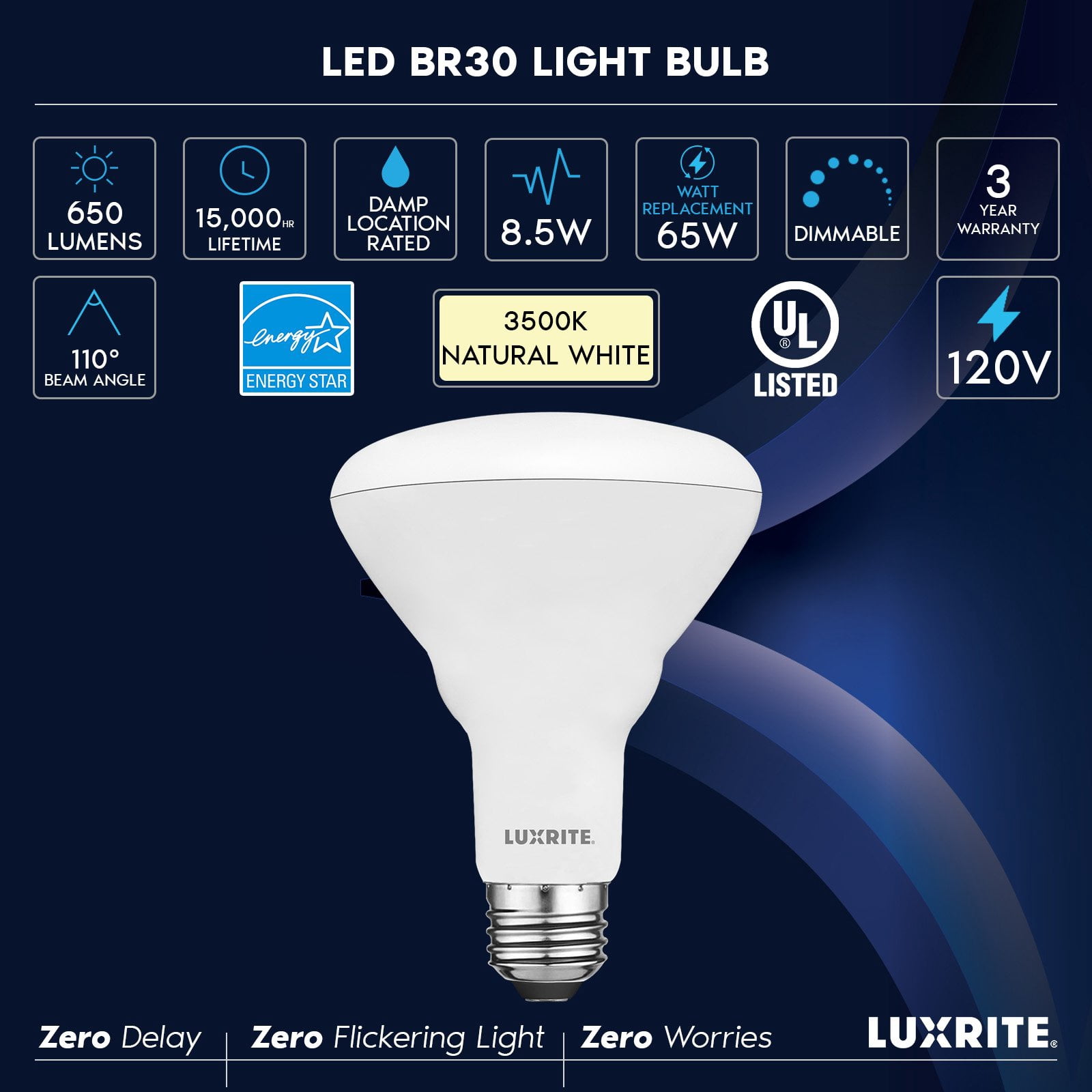 Luxrite BR30 LED Flood Light Bulb, 8.5W=65W, 3500K Natural White, 650 Lumens, Dimmable, Damp Rated, UL, E26 6 Pack