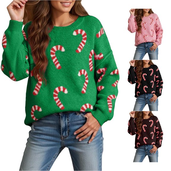 Unir Womens Sweaters, Pullover Sweaters For Women Christmas Sweater Candy Cane Print Crew Neck Oversized Knit Sweater LâXXXXXL Plus Size Friendly