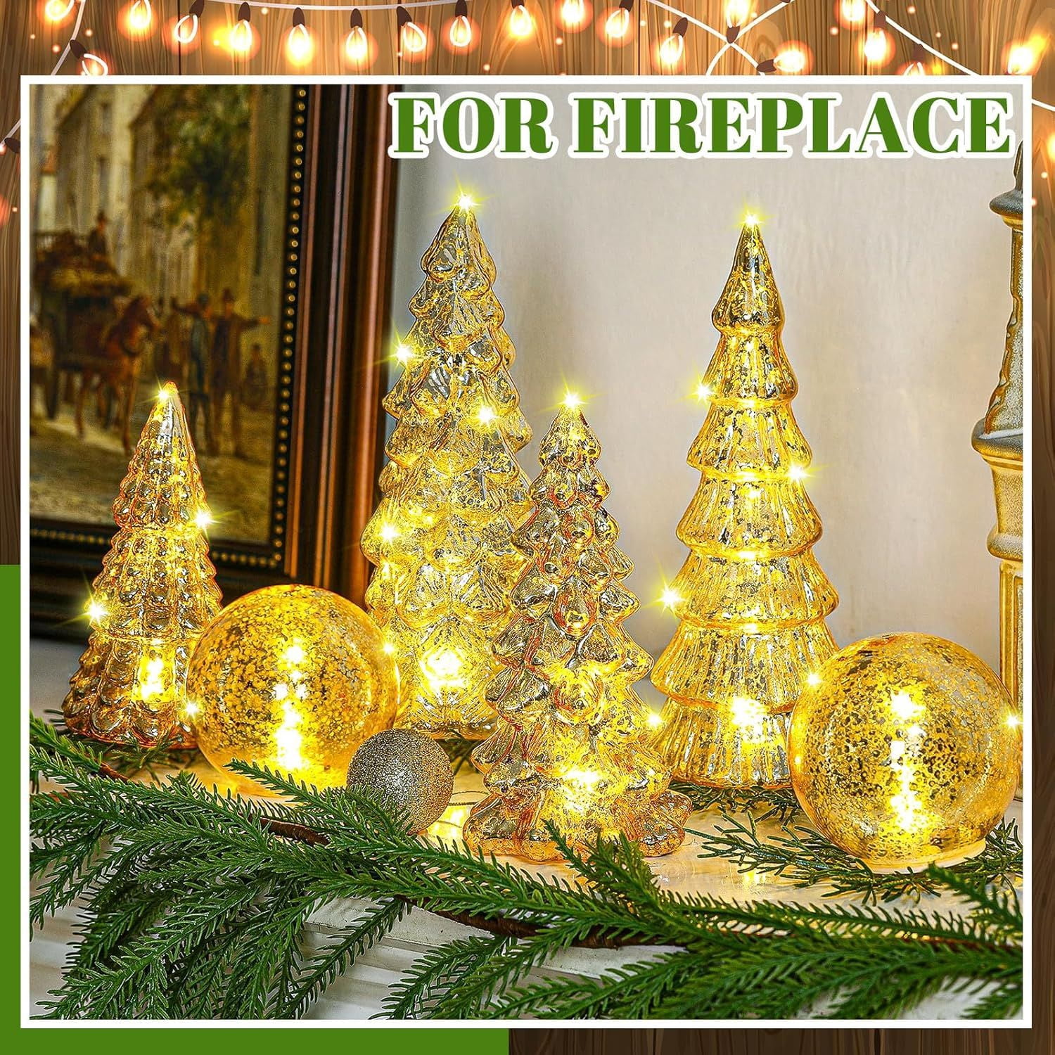 6 Pcs Mercury Glass Christmas Tree for Tabletop Light up Figurine Christmas Tree Mercury Cracked Glass Globe with Light for Xmas Decor Home Party Centerpiece Mantel Gift