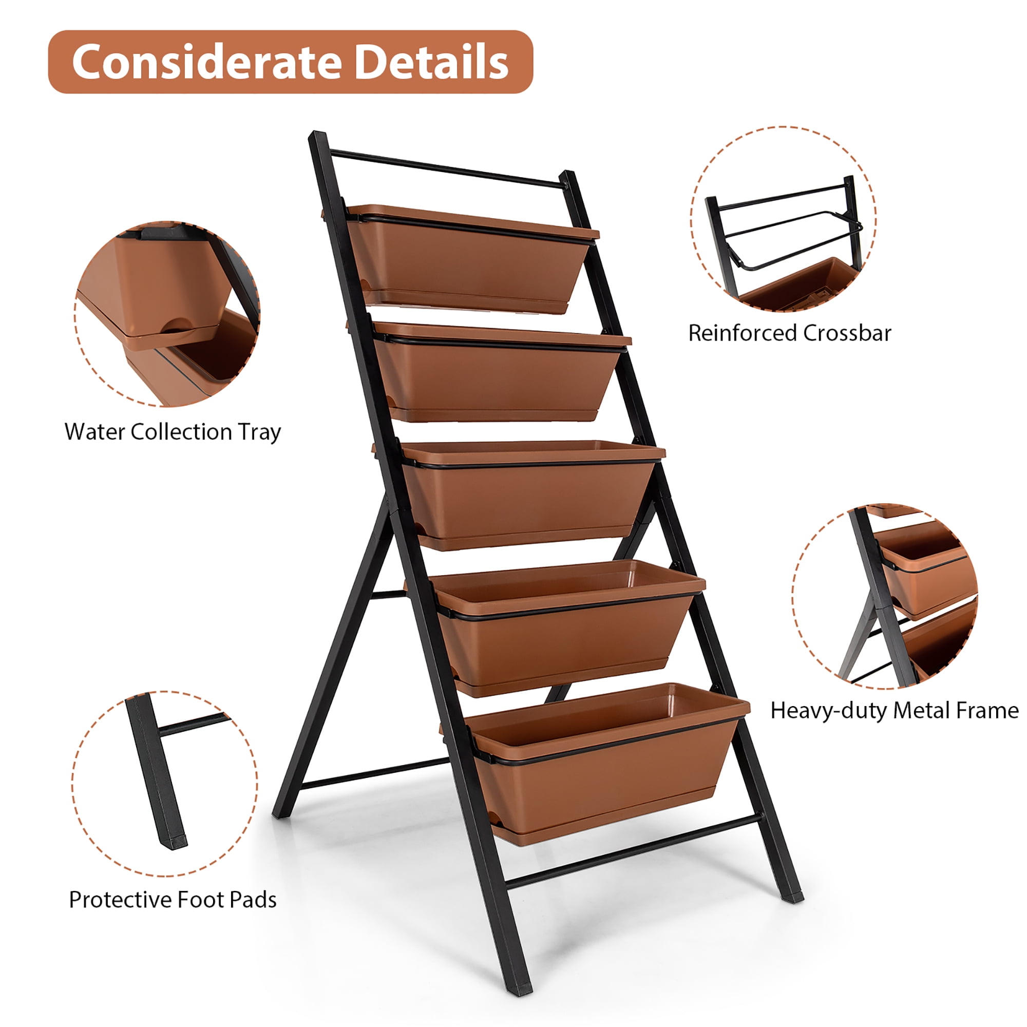 Costway 5-tier Vertical Garden Planter Box Elevated Raised Bed w/5 Container Brown