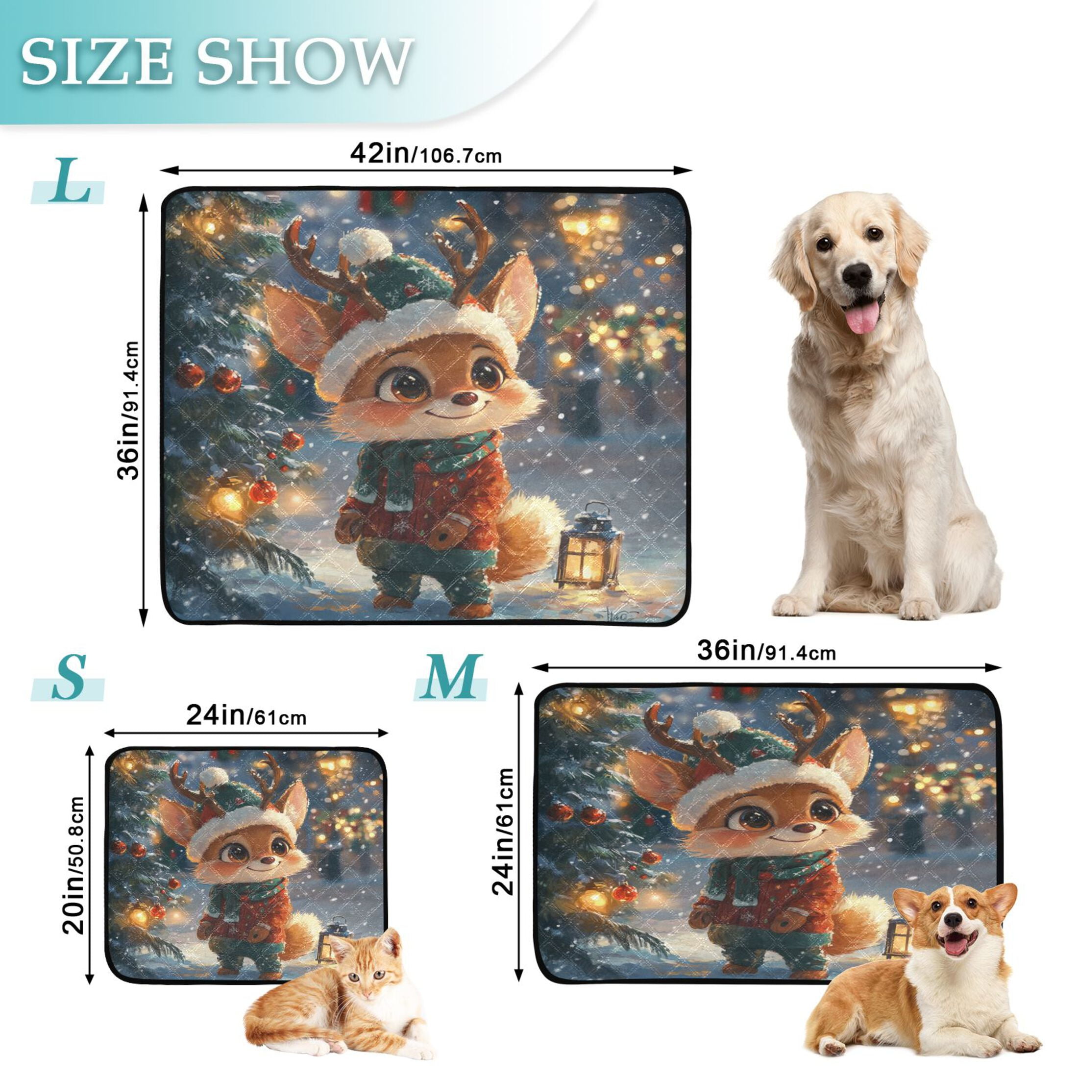 Qxltty Cute Little Fox Wearing A Christmas Hat Cat litter Pads Pet Set of 2 Diaper Mats Center Anti-leakage Layer Absorbent Soft and Comfortable