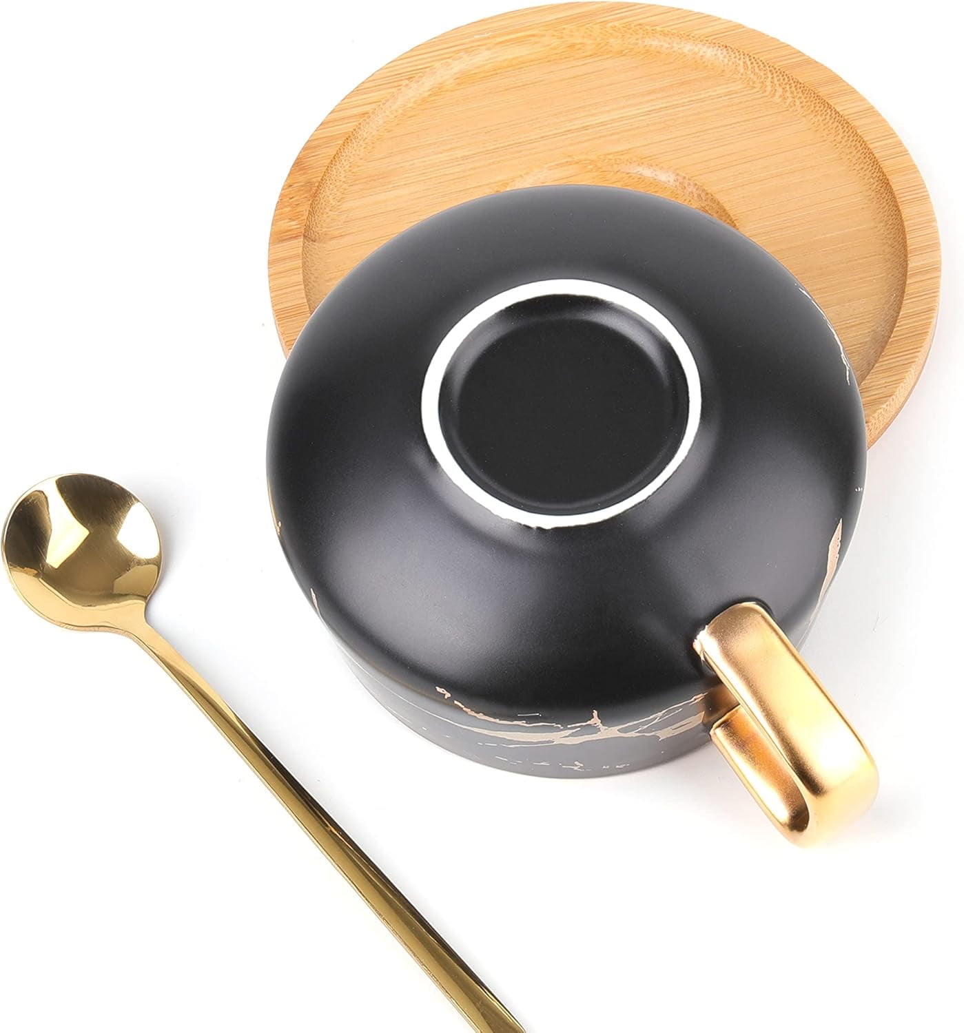 2 Pack Ceramic Tea Coffee Cup, 10 OZ Coffee Mug with 304 Stainless Steel Spoon and Bamboo Saucer, Marble Espresso Cups for Latte, Cappuccino, Americano, White and Black