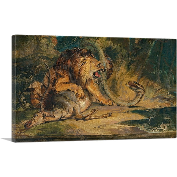 ARTCANVAS Lion Defending its Prey 1840 Canvas Art Print by Edwin Henry Landseer - Size: 26" x 18" (0.75" Deep)
