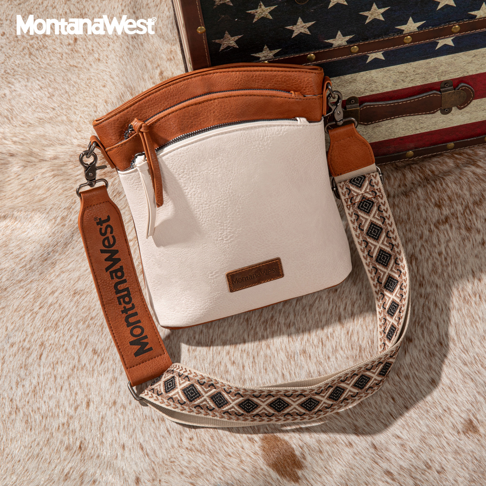 Montana West Multi Zip Pocket Large Crossbody Bag With Guitar Strap, Brown/Beige