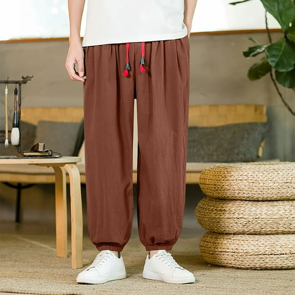 Yusimy Pantalon à Taille Élastique pour Homme Pantalon à Cordon Pantalon Long Couleur Unie Cordon Taille Élastique Poches Fonctionnelles Style Décontracté Quotidien