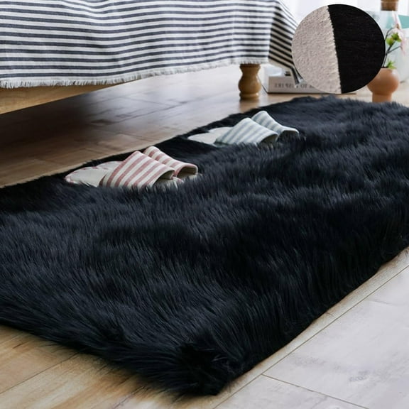 FUDAKUNA Black Shaggy Area Rug 28" x 39" Soft Fluffy Faux Sheepskin Rugs for Living Room Bedroom Rectangular Carpet