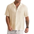 thumbnail image 5 of Hanerdun Men Casual Button Down Shirt Solid Blouse Male Short Sleeve Top Beige 2XL, 5 of 5