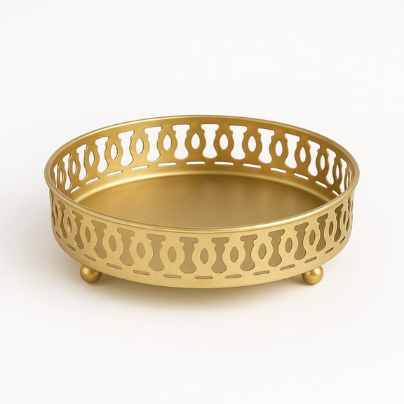 Gold Perforated Metal Pillar Candle Plate, 4" Decorative Holder & Display Tray